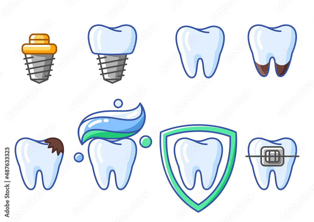 Illustrations of tooth. Dentistry and health care icons. Stomatology medical items. Illustrations of tooth. Dentistry and health care icons. Stomatology medical items.