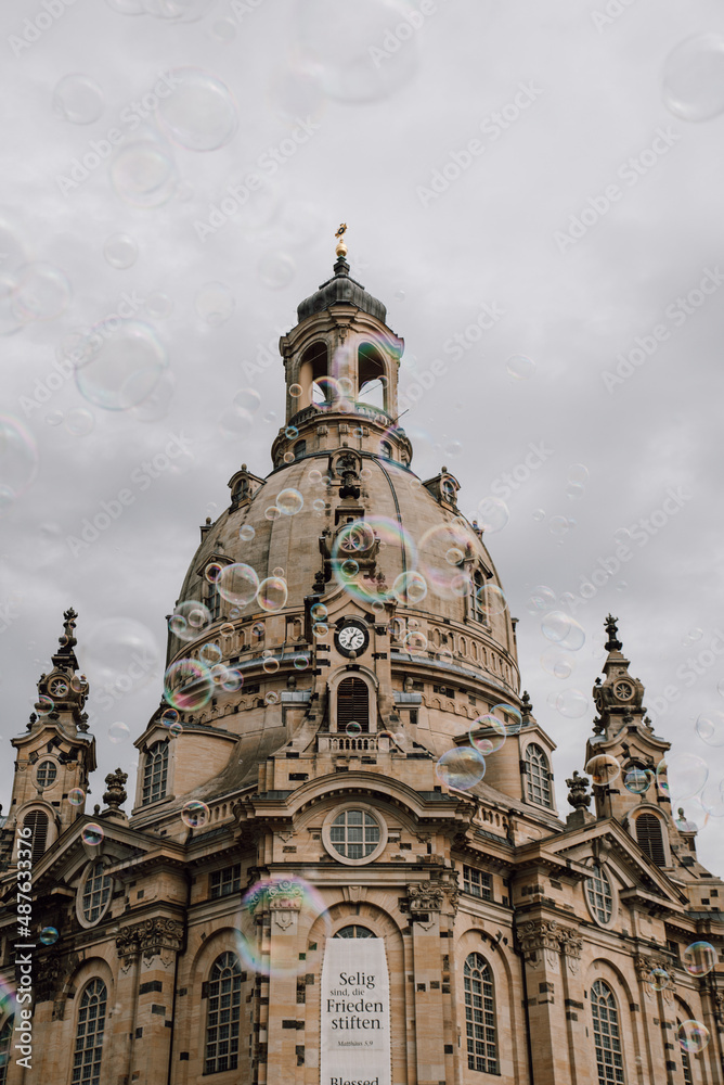 Frauenkirche, Dresden, Germany. Church of Our Lady with soap bubbles in foreground.