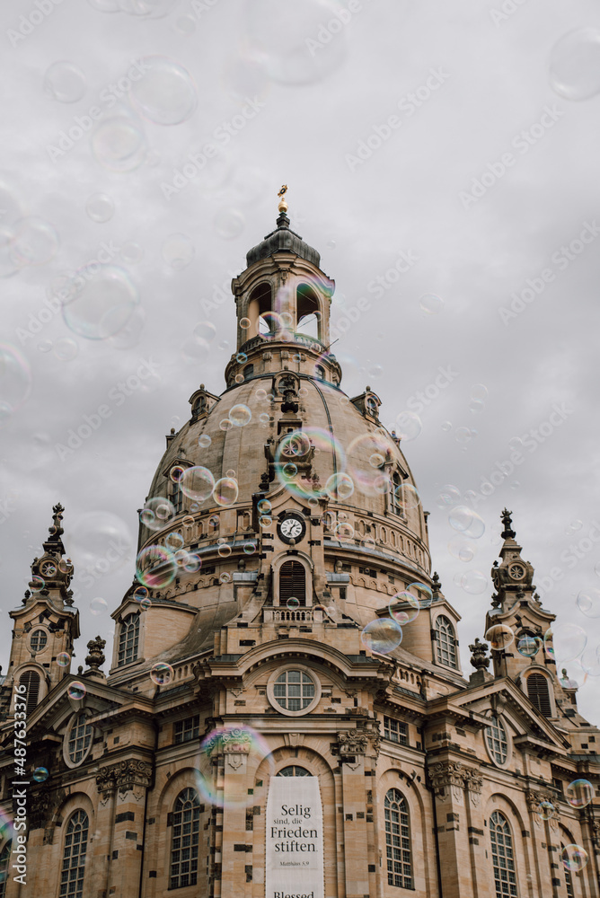 Frauenkirche, Dresden, Germany. Church of Our Lady with soap bubbles in foreground. Frauenkirche, Dresden, Germany. Church of Our Lady with soap bubbles in foreground.