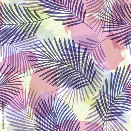Tropical pattern, Exotic print, pink watercolor palm leaves seamless vector background. Leaves of palm tree, girly jungle print on brush stains