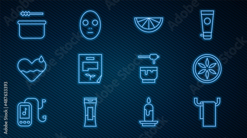 Set line Towel on a hanger, Leaf plant nature, Citrus fruit, document, Heart heal, Sauna bucket and ladle, Honey dipper stick bowl and Facial cosmetic mask icon. Vector
