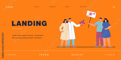 Confrontation between doctors and patients. Flat vector illustration. Medical workers with mouthpiece warning of danger of illness, people with poster denying virus. Health, medicine, COVID-19 concept