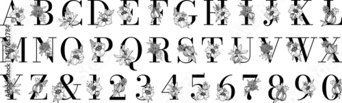 Black floral alphabet, botanical monogram vector letters with black line art flowers and leaves