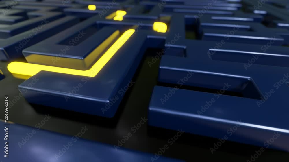 Yellow stripe goes through the maze. 3d render of a labyrinth.