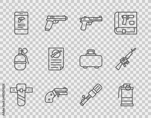Set line Knife holster, Hand smoke grenade, Desert eagle gun, Small revolver, Shop weapon in mobile app, Firearms license certificate, Anti-tank hand and M16A1 rifle icon. Vector