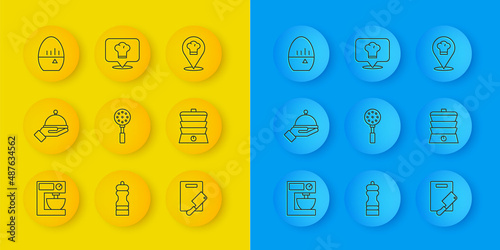 Set line Electric mixer, Covered with tray, Spatula, Cutting board and meat chopper, Slow cooker, Kitchen timer, Chef hat location and icon. Vector
