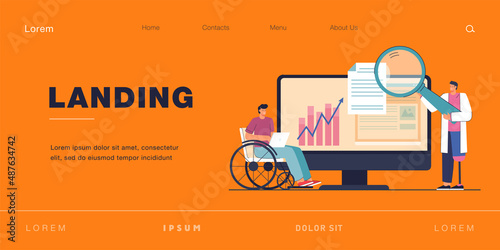 Disabled people working online flat vector illustration. Men with prostheses and in wheelchair doing research with giant magnifying glass. Opportunities, disability, job, technology, analysis concept