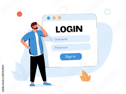 Entering personal email and security concept. Smiling man standing near login username and password and signing.