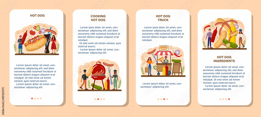 Naklejka premium Hot dog mobile application banner set. Unhealthy fast food cooking