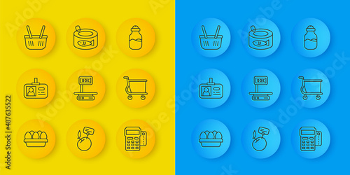 Set line Chicken egg in box, Identification badge, Electronic scales, POS terminal with credit card, Shopping cart, basket, Spice can and Canned fish icon. Vector