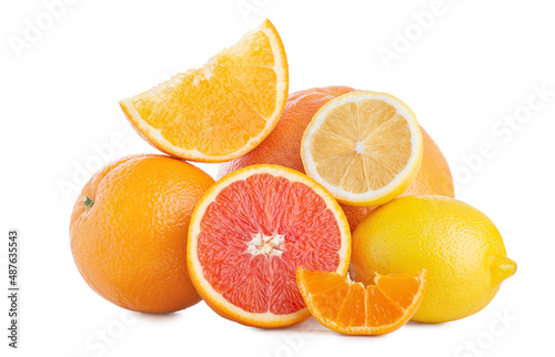 Orange, grapefruit, lemon in a cut on a white background
