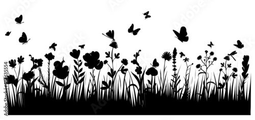 grass, flowers, butterflies black silhouette, isolated vector