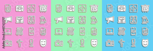Set line Comedy theatrical mask, MP4 file document, Camera roll cartridge, Old film movie countdown frame, Video recorder on laptop, Megaphone, FLV and Gimbal stabilizer with camera icon. Vector
