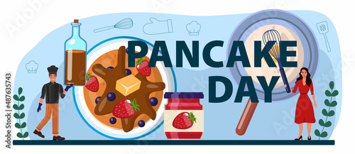 Pancake day typographic header. Tasty pancake for breakfast with berry