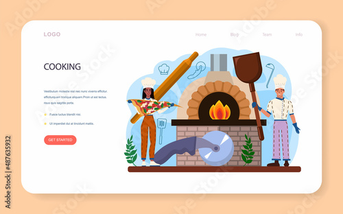 Pizzeria web banner or landing page. Chef cooking tasty delicious pizza