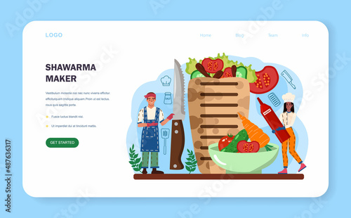 Shawarma maker web banner or landing page. Chef cooking delicious street