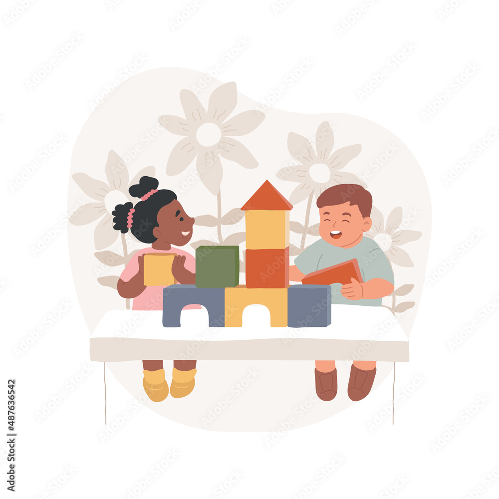 Stacking blocks isolated cartoon vector illustration Infant early education, fine motor development, child building tower with colorful bricks, learning activity, playground vector cartoon.