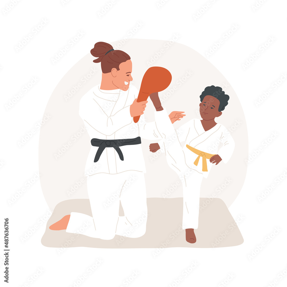 Martial arts isolated cartoon vector illustration Student practicing karate kick with teacher, wearing kimono, martial arts program for kids, elementary school elective class vector cartoon. Martial arts isolated cartoon vector illustration Student practicing karate kick with teacher, wearing kimono, martial arts program for kids, elementary school elective class vector cartoon.