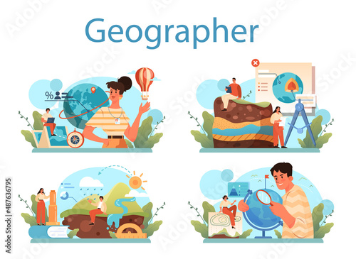 Geographer concept set. Studying the lands, features, inhabitants of the Earth.