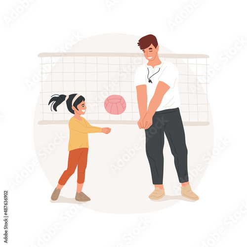 Volleyball isolated cartoon vector illustration Teacher explains girl how to pitch the ball, school sport electives, children training in a gym, elementary volleyball class vector cartoon.