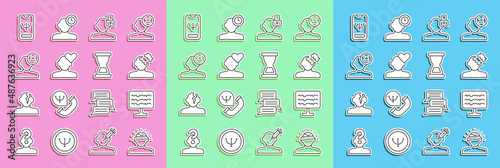 Set line Concussion, headache, Encephalogram, Solution problem in psychology, Closed personality, Broken heart or divorce, Good mood, Online psychological counseling and Old hourglass icon. Vector
