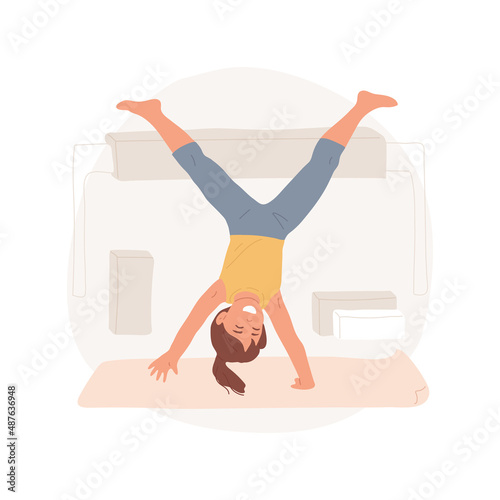 Gymnastics isolated cartoon vector illustration Children gymnastics program, girl is doing cartwheel in a gym, stretching for kids, elementary school electives, bars exercise vector cartoon. photo