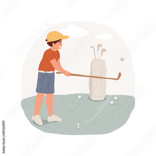 Junior golf isolated cartoon vector illustration Child in a uniform makes a putt, junior club, elective sport class, park and equipment, afterschool training, course for children vector cartoon.