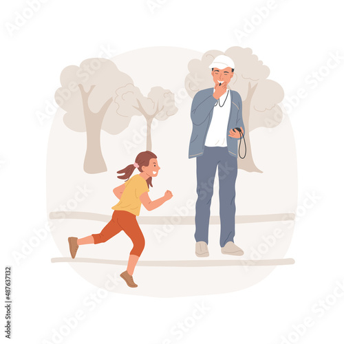 Meter dash isolated cartoon vector illustration Child sprints with coach holding timer, running exercise, fitness at middle school, physical education curriculum, yard training vector cartoon.