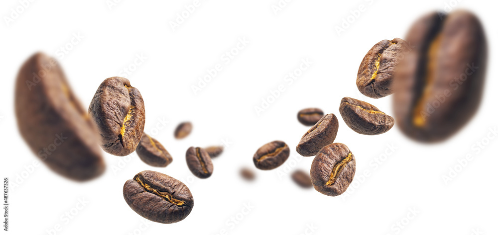 Fototapeta premium Coffee beans levitate on a white background