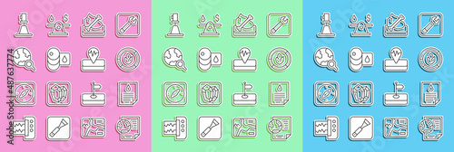 Set line Earth globe with document, Oil drop, Soil analysis, Archeology, Barrel, Magnifying glass, Tacheometer, theodolite and Earthquake icon. Vector