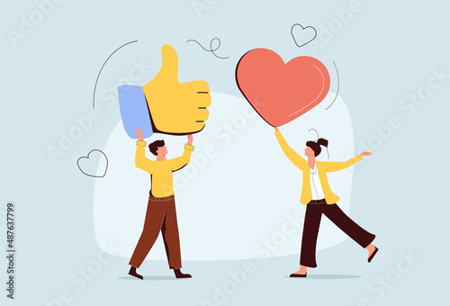 Happy young people holding social icon balloon. Influencer marketing, social media or network promotion, SMM. Attracting Likes, Feedback and Followers in Internet. Strategy, Advertising Promotion