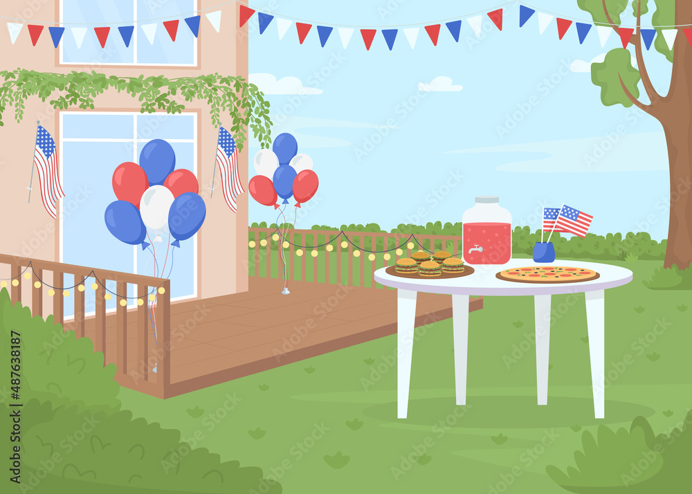 Stockvector Independence day outdoor party flat color vector