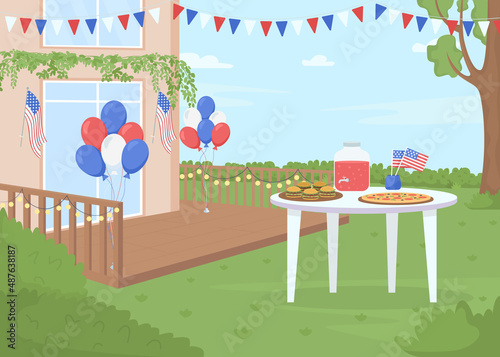 Independence day outdoor party flat color vector illustration. Patriotic holiday. National flag. Celebrating national holiday 2D simple cartoon landscape with decorated backyard on background