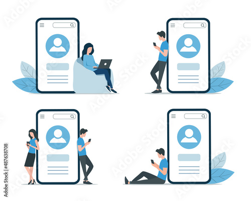 People are using mobile applications. Colored vector flat illustration. Isolated on white background.