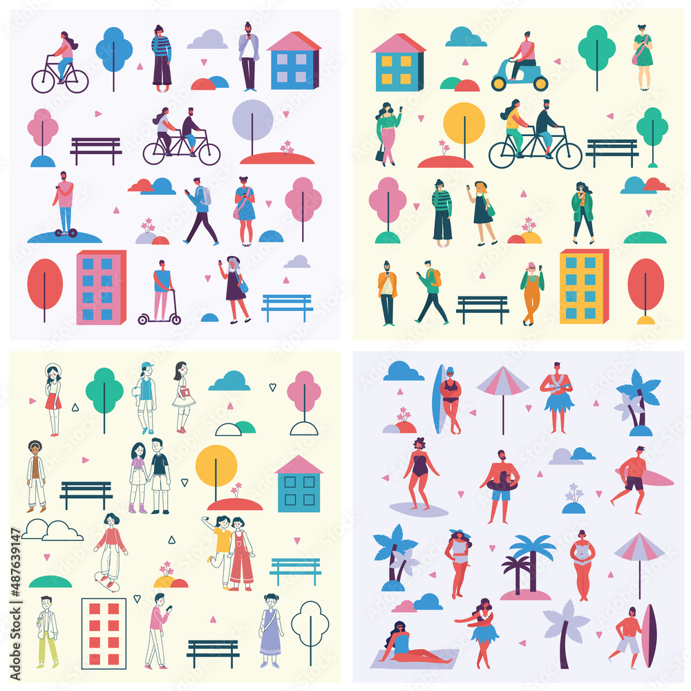 Concept of young people walking, running and jumping in the park. Stylish modern vector illustration card with male and female teenagers Concept of young people walking, running and jumping in the park. Stylish modern vector illustration card with male and female teenagers