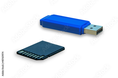Vászonkép memory card and blue flash drive isolated on white background