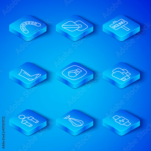 Set line Jump rope, Boxing glove, Punching bag, ring board, Sport boxing shoes, Mouth guard boxer and Smart watch with heart icon. Vector