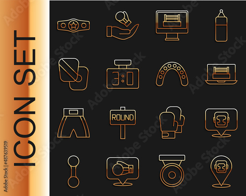 Set line Boxing helmet, ring, Sport mechanical scoreboard, training paws, belt and Mouth guard boxer icon. Vector