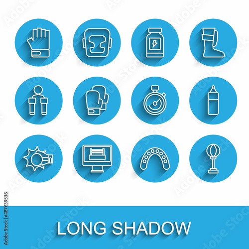 Set line Punch in boxing glove, Boxing ring, MMA, Mouth guard boxer, Punching bag, and Stopwatch icon. Vector