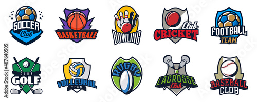 Set of sport teams logos. Collection of club emblem templates for football, soccer, basketball, cricket, baseball, volleyball, rugby, lacrosse, golf, bowling. Vector illustration