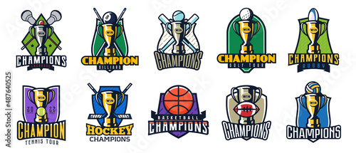 Set of sports logo, emblem of champions. Logo cup. Emblems champions in basketball, ice hockey, American football, baseball, volleyball, rugby, lacrosse, tennis, billiard, golf. Vector illustration