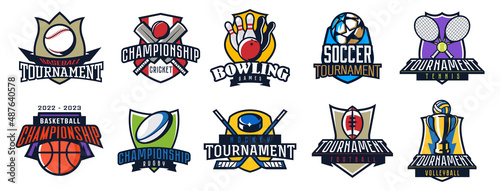 Set of logos of sports tournaments. Emblems of sports tournaments in basketball, soccer, football, ice hockey, cricket, American football, volleyball, rugby, tennis, bowling. Vector illustration
