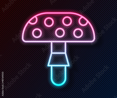 Glowing neon line Amanita muscaria or fly agaric hallucinogenic toadstool mushroom icon isolated on black background. Spotted poisonous mushroom. Vector