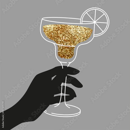 Woman’s hand holding cocktail glass with citrus. Flat illustration for greeting cards, postcards, invitations, menu design. Line art template