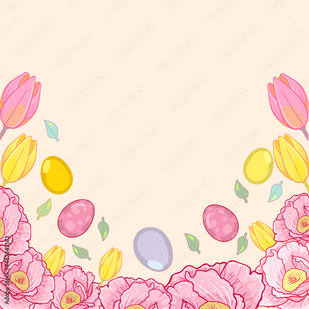 Easter pink background frame with delicate spring flowers and easter eggs, copy space, square background, vector, hand drawn