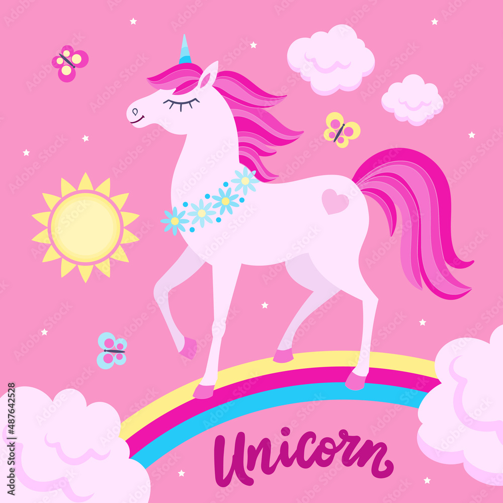 White Unicorn with a pink mane on a rainbow. Cute fantasy animal. For children's design of prints, posters, cards, stickers and so on. Vector