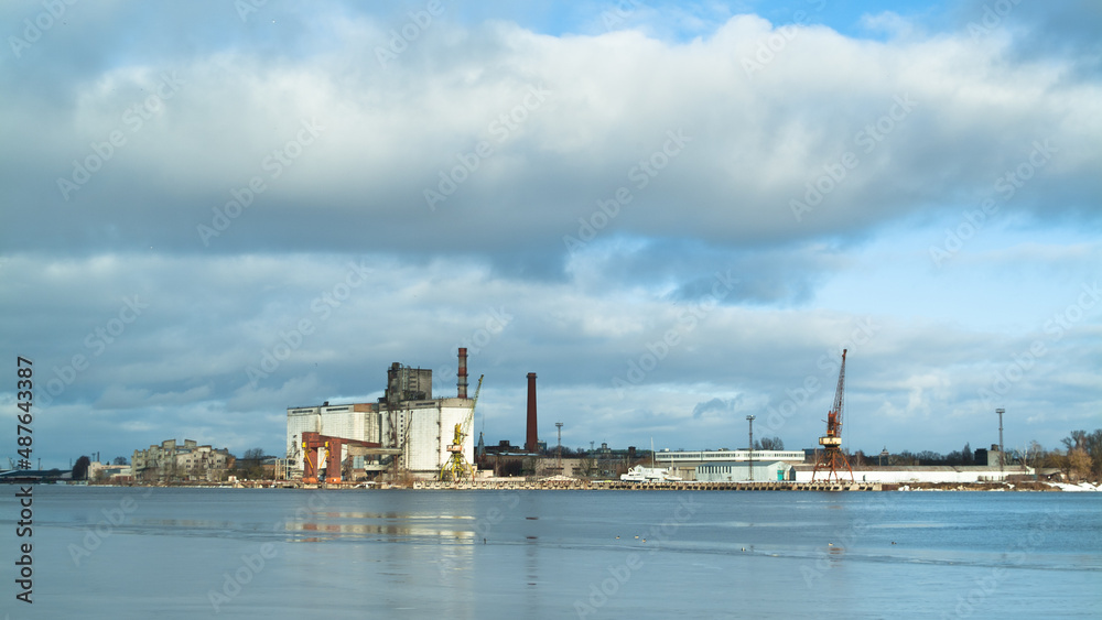Industrial buildings in the Riga cargo port in winter