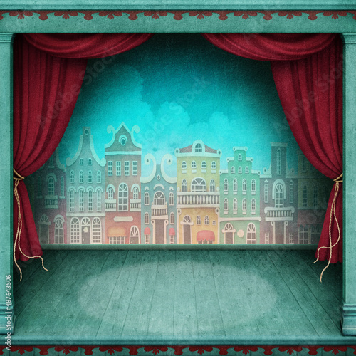 Fantasy background for postcard or illustration with red curtains and scene decoration. 