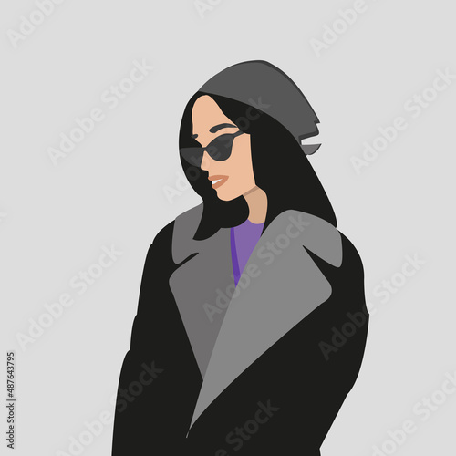 Girl in glasses with black hair and peach lips. Aesthetics.