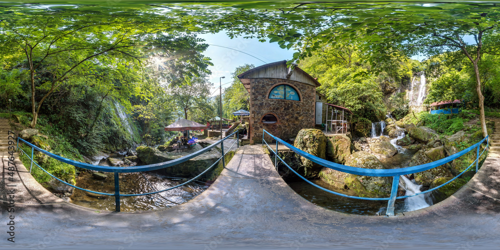 full seamless 360 hdri panoramaon on metal bridge over fast river in mountains with a lot of tourists in equirectangular spherical projection. VR  AR content